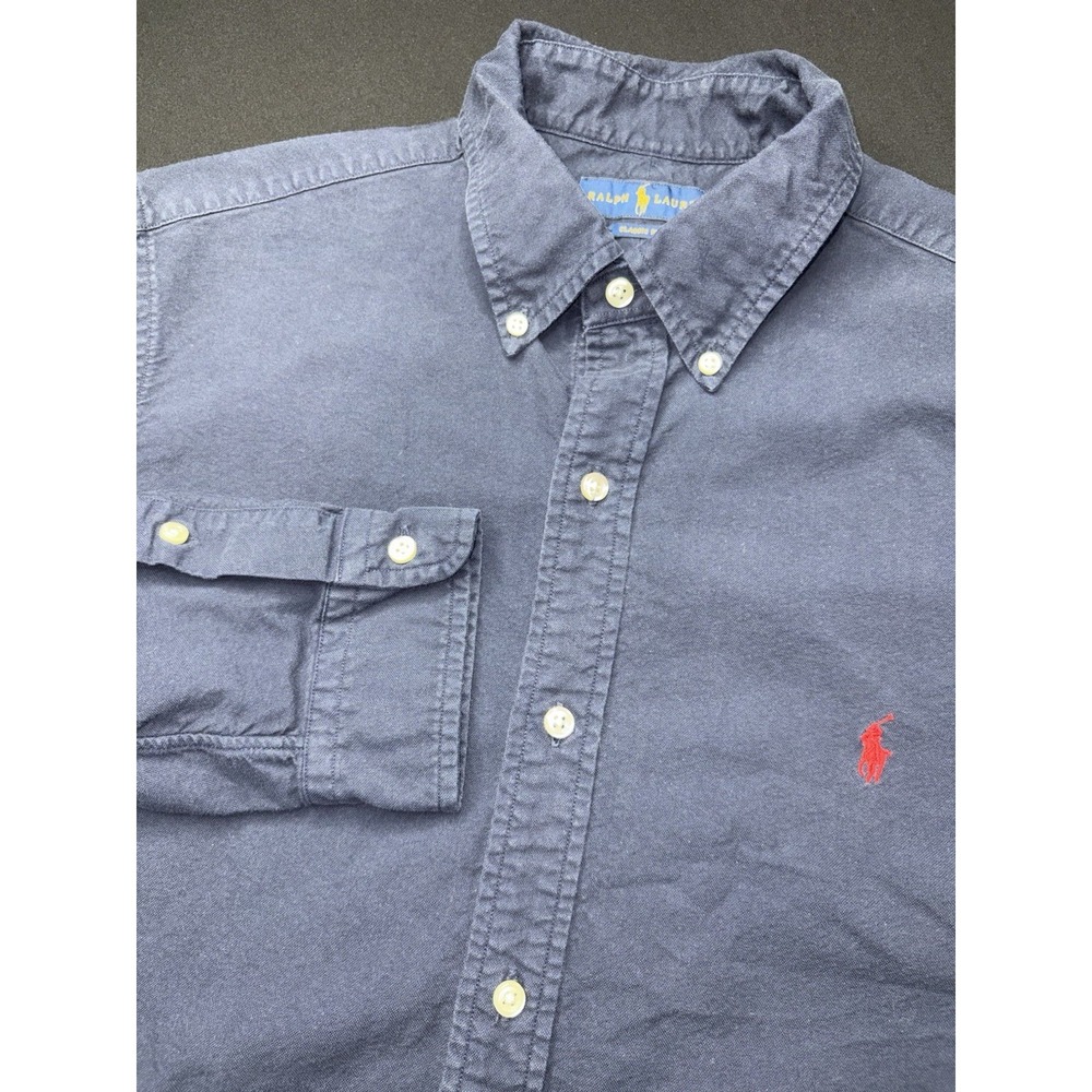 Ralph Lauren Shirt Mens L Blue Solid Button Down Long Sleeve Red Pony Logo